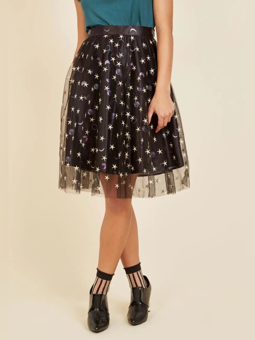 Modcloth Celestial Space Starry Night Moon & Gold Stars Layered Tulle Skirt